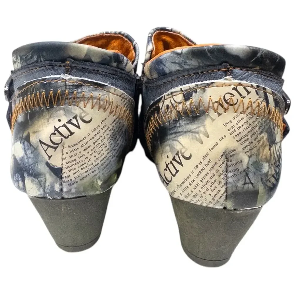 TMA Eyes Women's 6.5 Shooties Newsprint Patchwork  Distressed Heels
